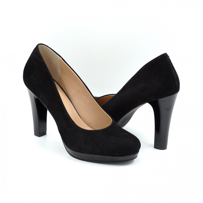 Pantofi dama din piele naturala intoarsa neagra cu varf rotund, platforma 1 cm si toc inalt gros 10 cm 0612-1-25 [4]