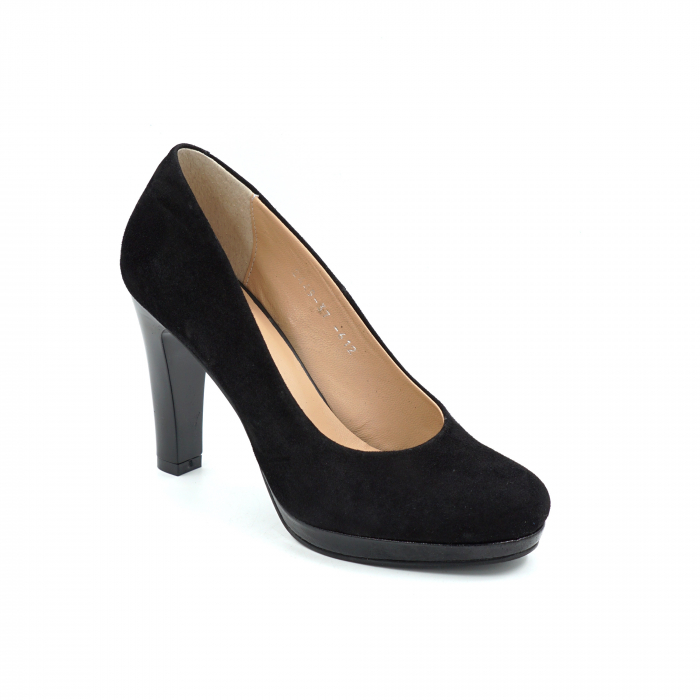 Pantofi dama din piele naturala intoarsa neagra cu varf rotund, platforma 1 cm si toc inalt gros 10 cm 0612-1-25 [2]