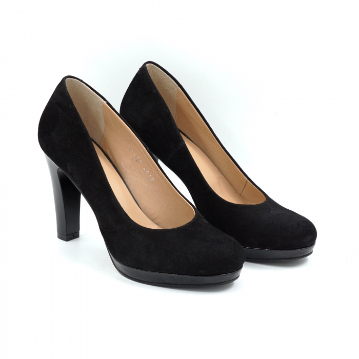 Pantofi dama din piele naturala intoarsa neagra cu varf rotund, platforma 1 cm si toc inalt gros 10 cm 0612-1-25 [3]