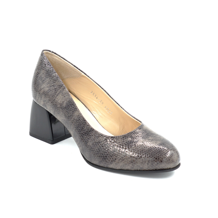 Pantofi dama din piele naturala croco gri cu negru, cu varf rotund si toc mic gros de 6 cm 6055-25 [2]