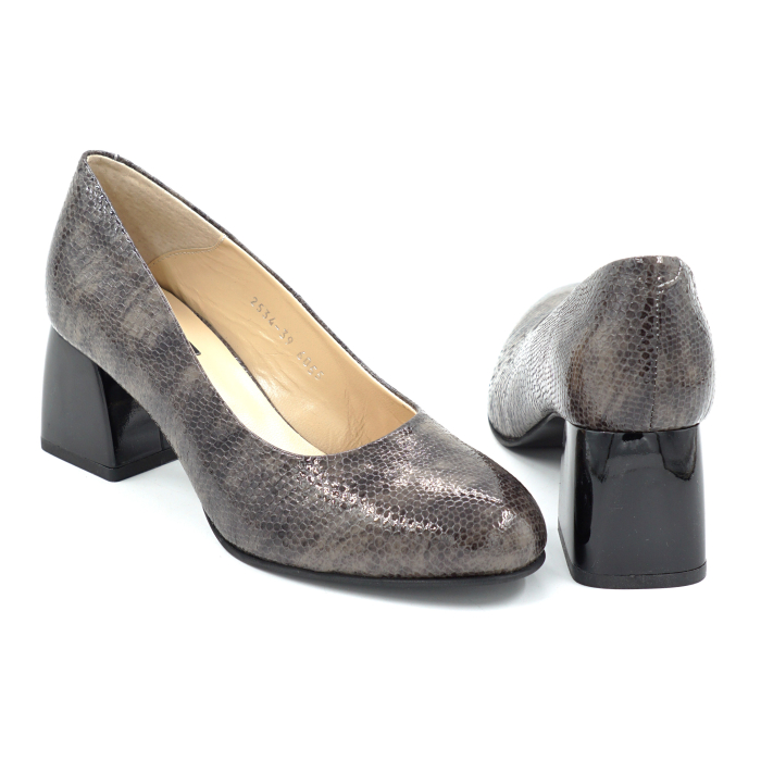 Pantofi dama din piele naturala croco gri cu negru, cu varf rotund si toc mic gros de 6 cm 6055-25 [5]