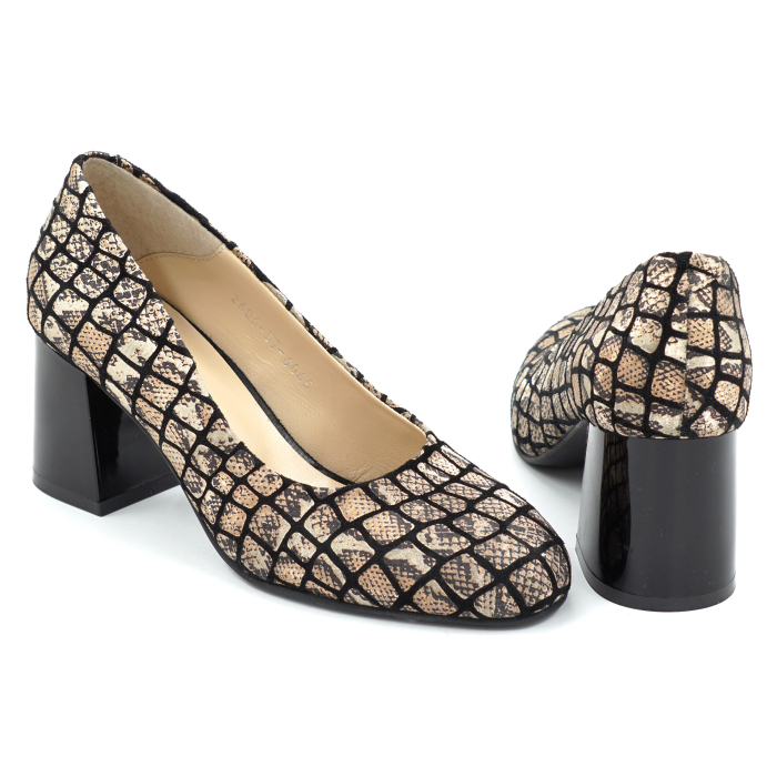 Pantofi dama din piele naturala neagra cu imprimeu leopard cu varf rotund si toc mic gros  de 6 cm 6065-26 [5]