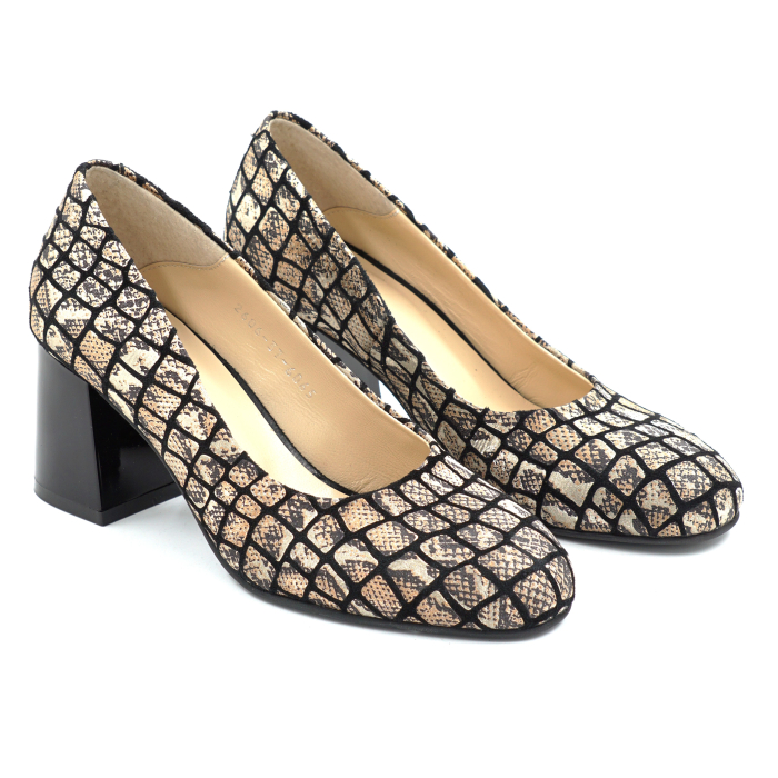Pantofi dama din piele naturala neagra cu imprimeu leopard cu varf rotund si toc mic gros  de 6 cm 6065-26 [3]