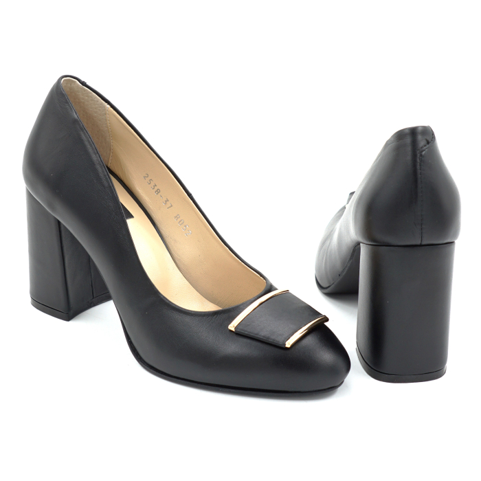 Pantofi dama din piele naturala neagra cu varf rotund si toc mediu gros imbracat de 8 cm 51024-2-25 [3]