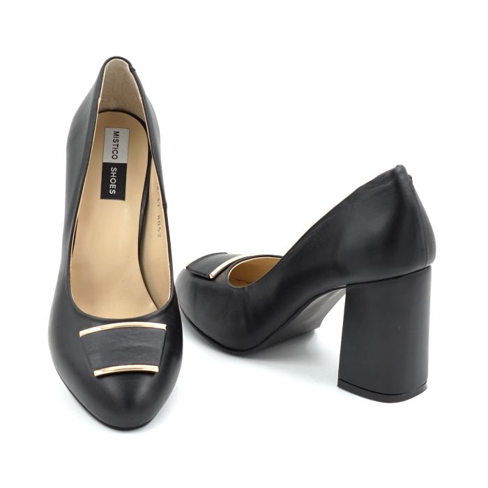 Pantofi dama din piele naturala neagra cu varf rotund si toc mediu gros imbracat de 8 cm 51024-2-25 [2]