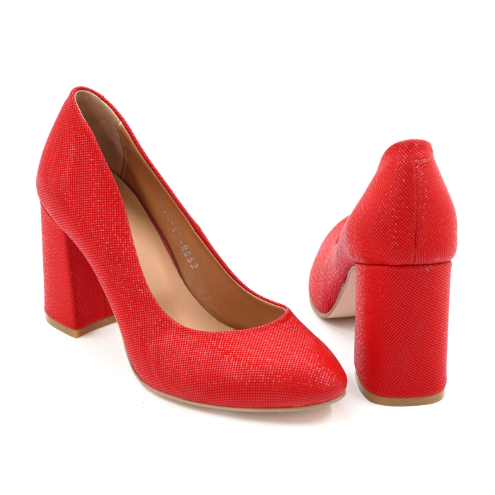 Pantofi dama din piele naturala rosie cu imprimeu, cu varf rotund si toc mediu gros imbracat de 8 cm 8052-3-24 [5]