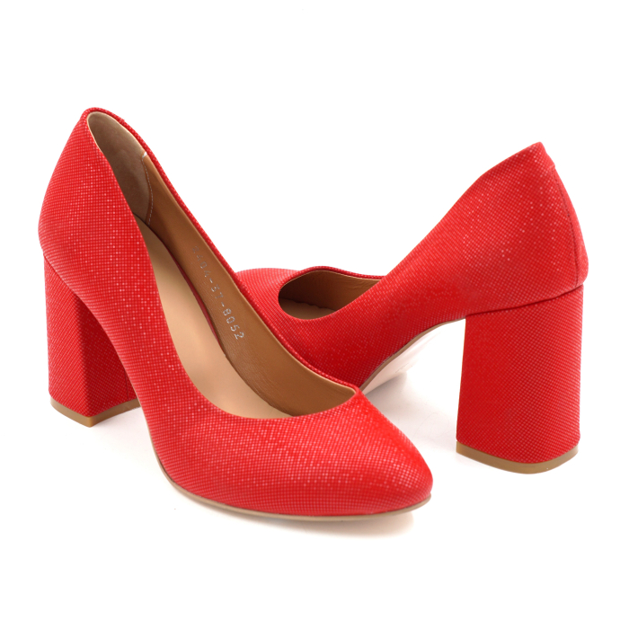 Pantofi dama din piele naturala rosie cu imprimeu, cu varf rotund si toc mediu gros imbracat de 8 cm 8052-3-24 [4]