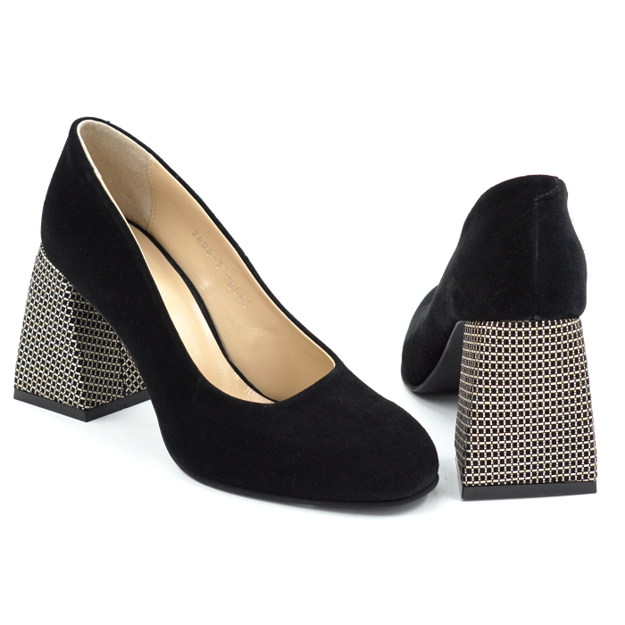 Pantofi dama din piele naturala intoarsa neagra cu varf rotund si toc mediu gros imbracat de 8 cm 8065-26 [5]