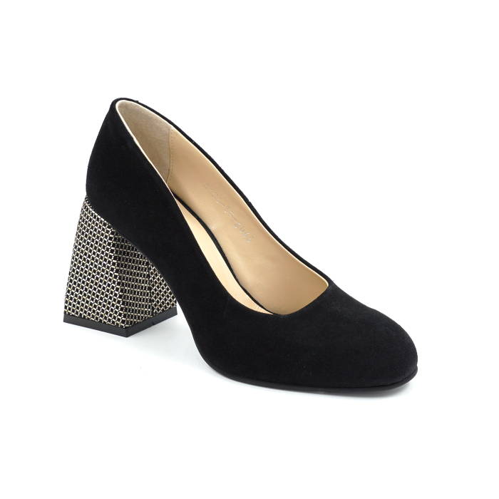 Pantofi dama din piele naturala intoarsa neagra cu varf rotund si toc mediu gros imbracat de 8 cm 8065-26 [2]