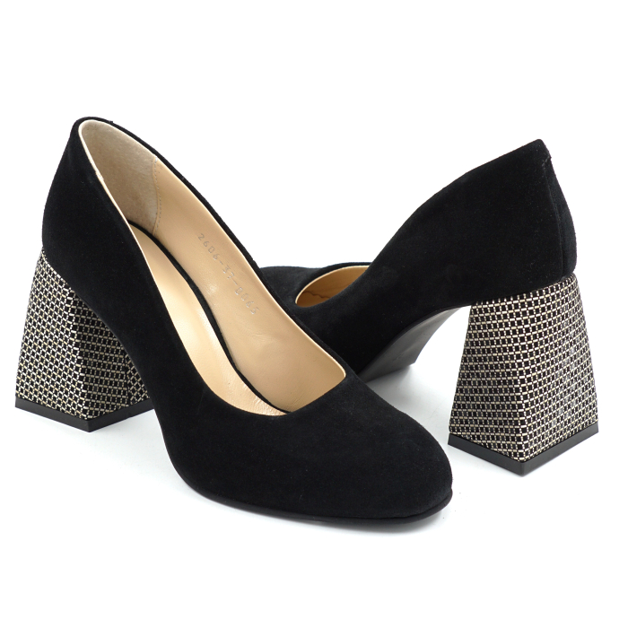 Pantofi dama din piele naturala intoarsa neagra cu varf rotund si toc mediu gros imbracat de 8 cm 8065-26 [4]