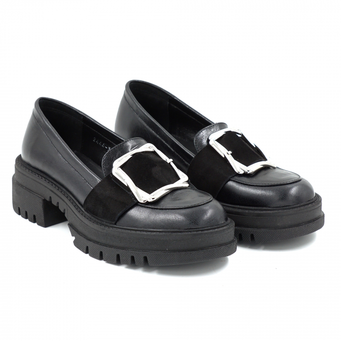 Pantofi dama casual loafers din piele naturala neagra cu varf rotund si talpa 4 cm 51925-25 [2]