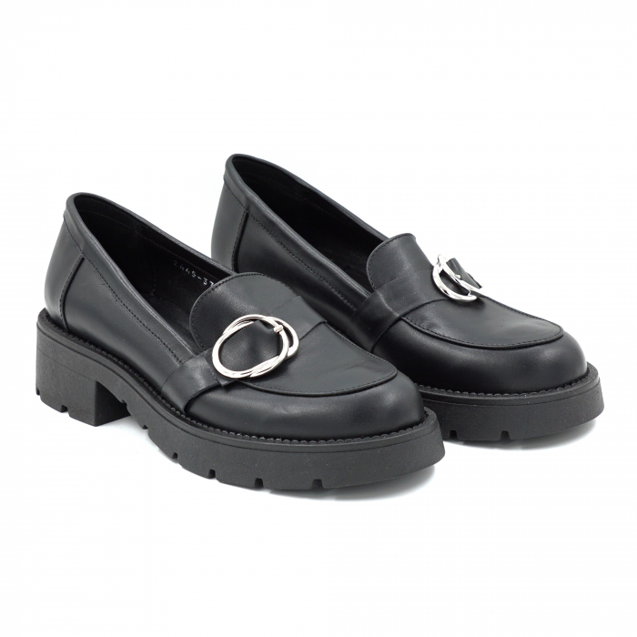 Pantofi dama casual loafers din piele naturala neagra cu  varf rotund si talpa 4 cm 52625-25 [2]