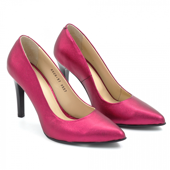 Pantofi dama din piele naturala fucsia sidefata cu varf ascutit stiletto si toc inalt subtire 9 cm 9557-7-25 [3]