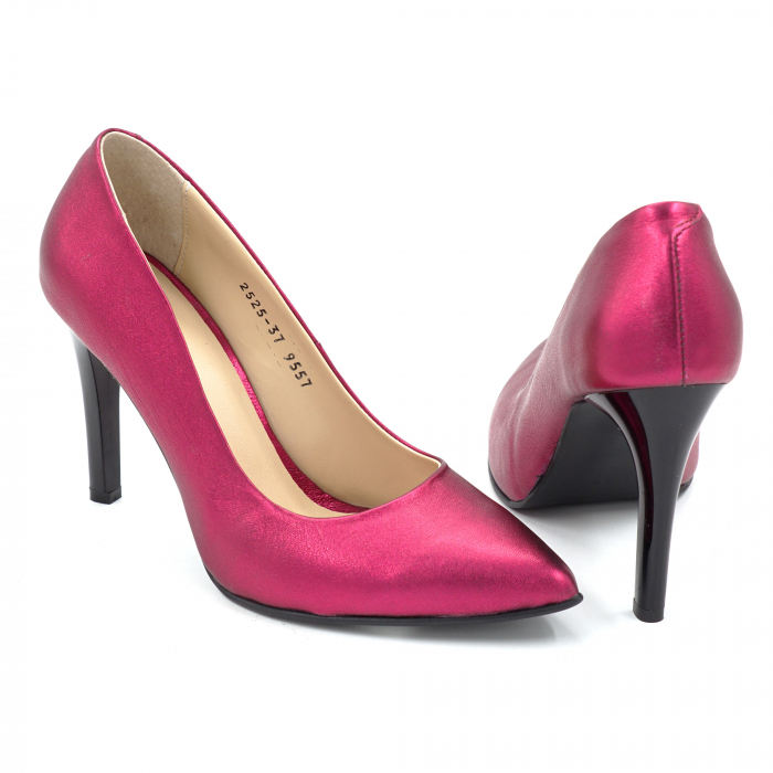 Pantofi dama din piele naturala fucsia sidefata cu varf ascutit stiletto si toc inalt subtire 9 cm 9557-7-25 [5]