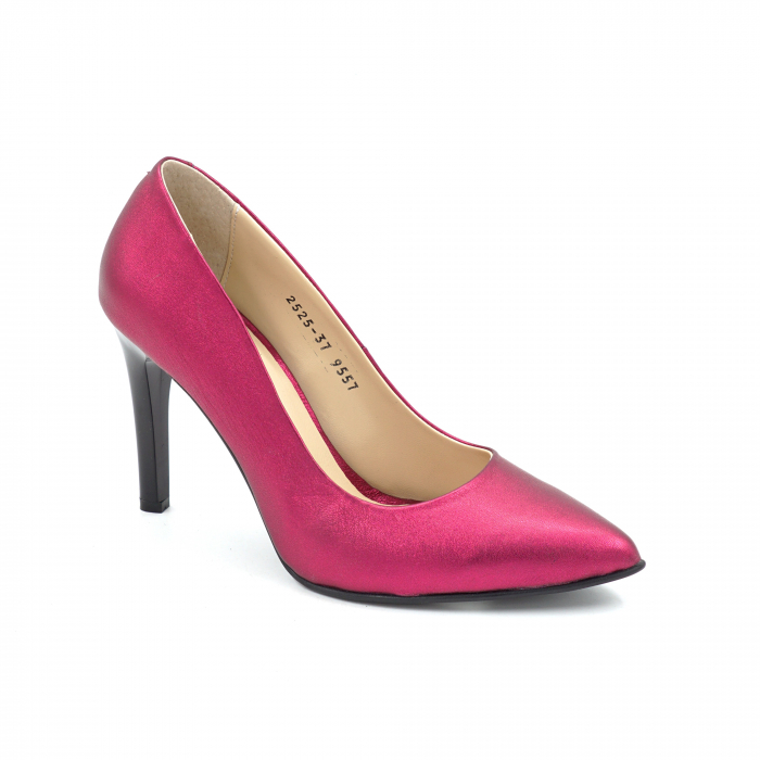 Pantofi dama din piele naturala fucsia sidefata cu varf ascutit stiletto si toc inalt subtire 9 cm 9557-7-25 [2]