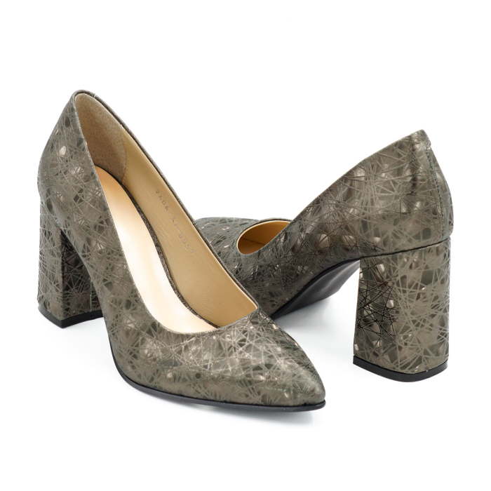 Pantofi dama din piele naturala cu imprimeu 3D olive, cu varf ascutit stiletto si toc mediu gros imbracat de 8 cm 8057-6-26 [4]