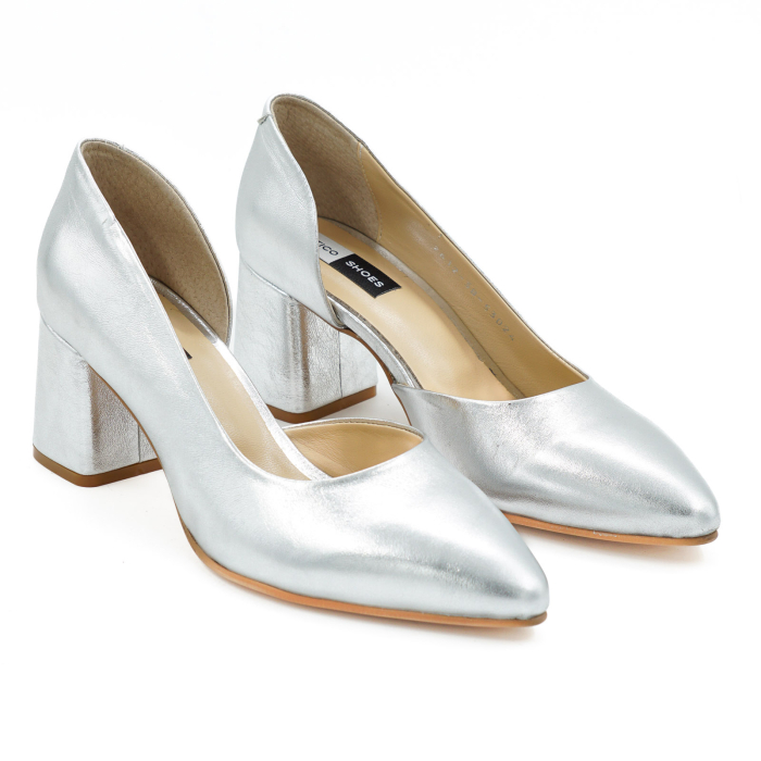 Pantofi dama din piele naturala argintie, cu varf ascutit stiletto si toc mic gros imbracat 6 cm 53024-26 [2]