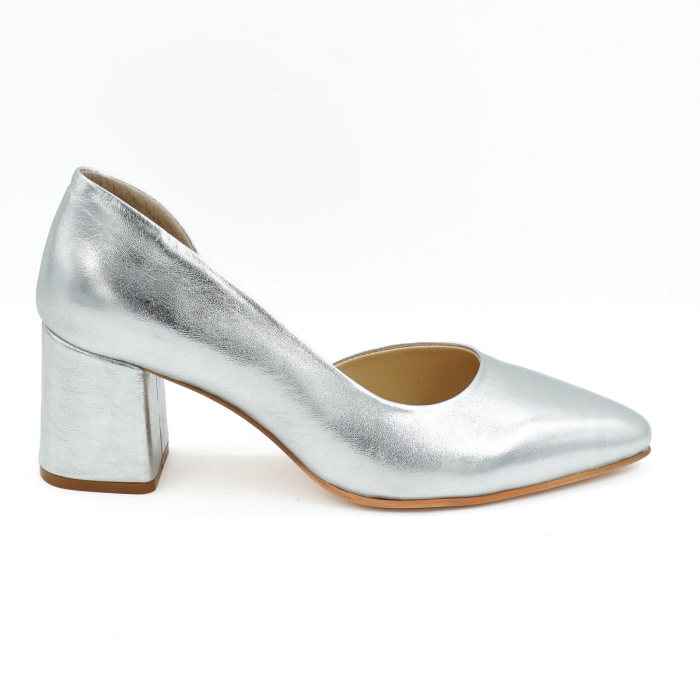 Pantofi dama din piele naturala argintie, cu varf ascutit stiletto si toc mic gros imbracat 6 cm 53024-26 [4]