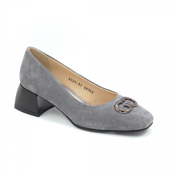 Pantofi dama din piele naturala intoarsa gri cu varf patrat si toc mic gros de 4 cm 55725-25 [3]