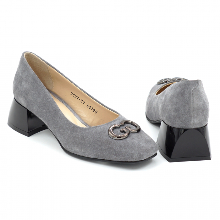 Pantofi dama din piele naturala intoarsa gri cu varf patrat si toc mic gros de 4 cm 55725-25 [5]