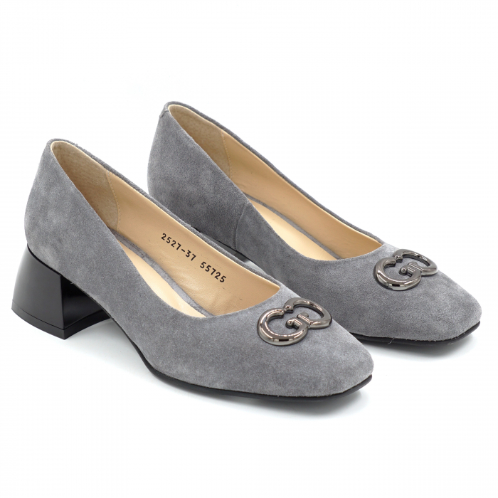 Pantofi dama din piele naturala intoarsa gri cu varf patrat si toc mic gros de 4 cm 55725-25 [4]