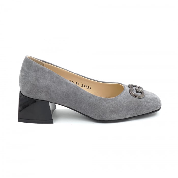 Pantofi dama din piele naturala intoarsa gri cu varf patrat si toc mic gros de 4 cm 55725-25 [2]