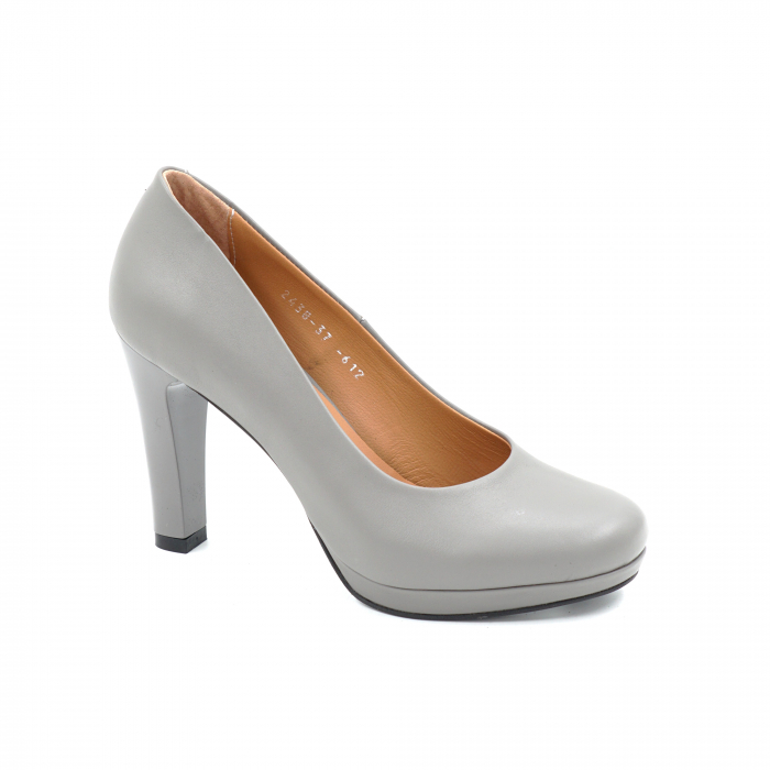 Pantofi dama din piele naturala gri cu varf rotund, platforma de 1 cm si  toc inalt gros 10 cm  0612-25 [2]