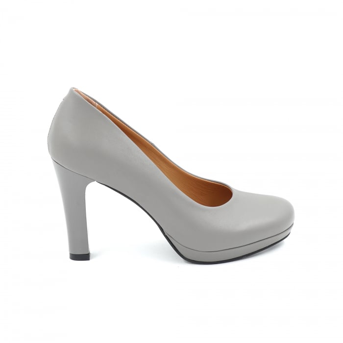 Pantofi dama din piele naturala gri cu varf rotund, platforma de 1 cm si  toc inalt gros 10 cm  0612-25 [1]