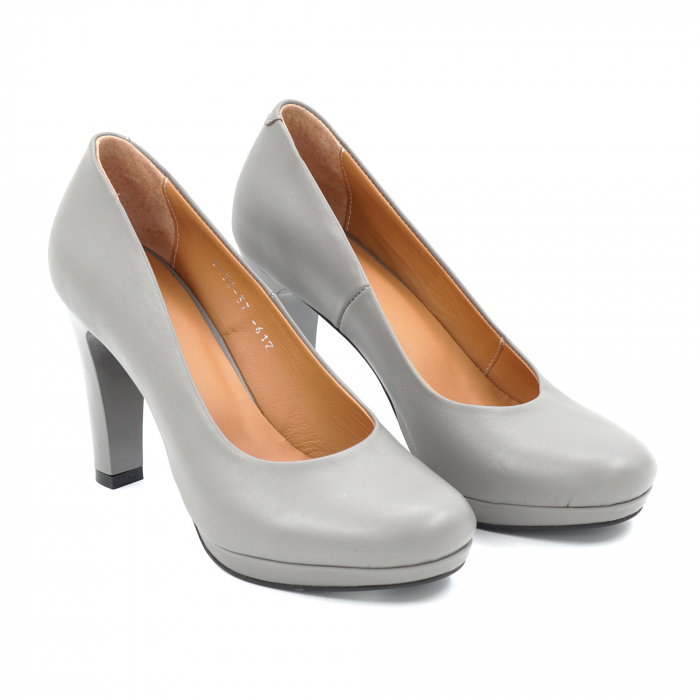 Pantofi dama din piele naturala gri cu varf rotund, platforma de 1 cm si  toc inalt gros 10 cm  0612-25 [3]