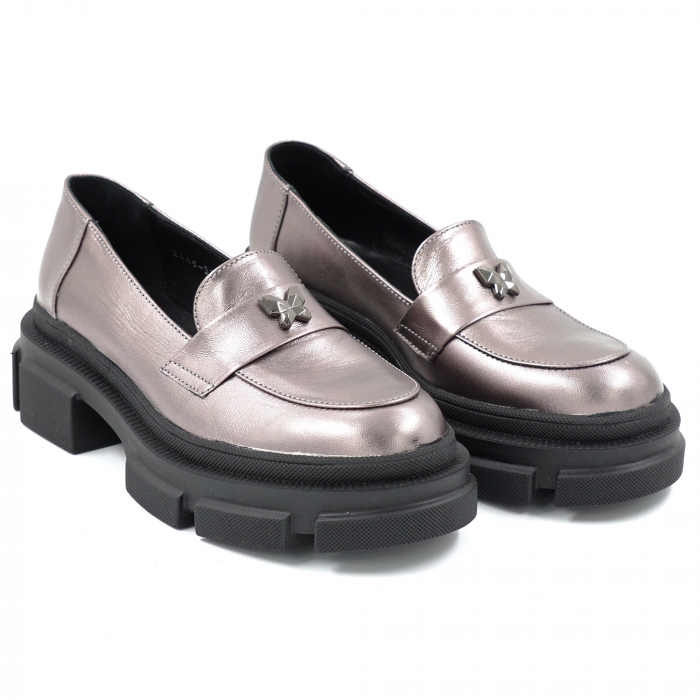 Pantofi dama casual loafers din piele naturala gri metalizat cu varf rotund si talpa de 4 cm 50925-25 [3]