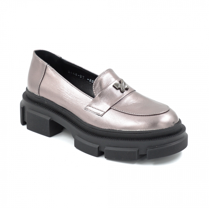 Pantofi dama casual loafers din piele naturala gri metalizat cu varf rotund si talpa de 4 cm 50925-25 [2]