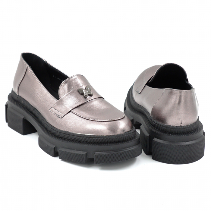 Pantofi dama casual loafers din piele naturala gri metalizat cu varf rotund si talpa de 4 cm 50925-25 [5]