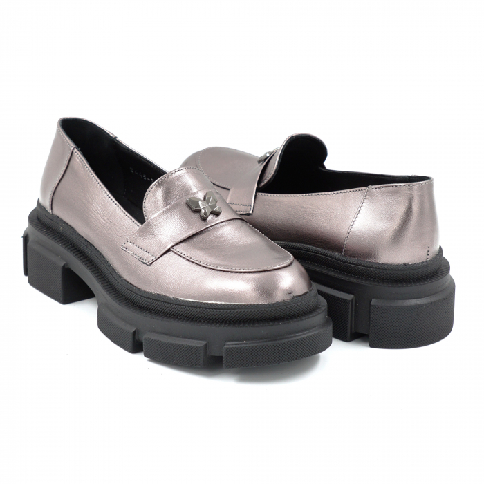 Pantofi dama casual loafers din piele naturala gri metalizat cu varf rotund si talpa de 4 cm 50925-25 [4]