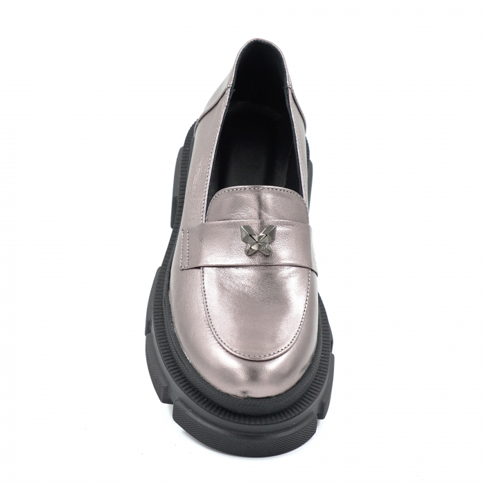Pantofi dama casual loafers din piele naturala gri metalizat cu varf rotund si talpa de 4 cm 50925-25 [6]