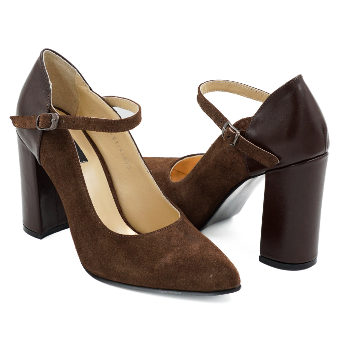 Pantofi dama din piele naturala  maro ciocolata cu varf ascutit stiletto si toc inalt gros imbracat 9 cm 50820-26 [4]