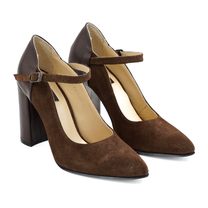 Pantofi dama din piele naturala  maro ciocolata cu varf ascutit stiletto si toc inalt gros imbracat 9 cm 50820-26 [3]