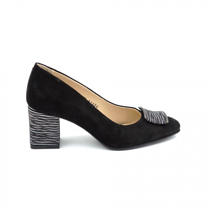 Pantofi dama din piele naturala intoarsa neagra si cu imprimeu dungi albe cu varf ascutit stiletto si toc mic gros imbracat de 6 cm 52424-2-25 [3]