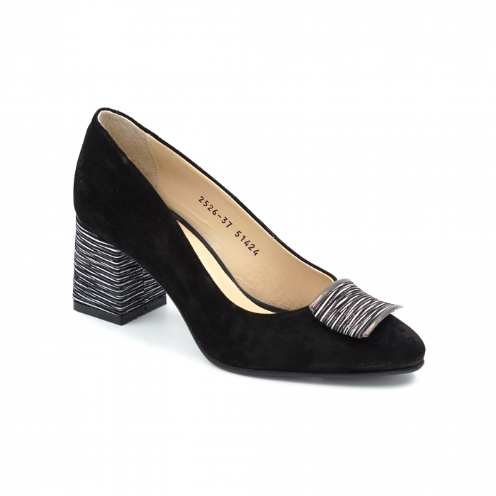 Pantofi dama din piele naturala intoarsa neagra si cu imprimeu dungi albe cu varf ascutit stiletto si toc mic gros imbracat de 6 cm 52424-2-25 [2]