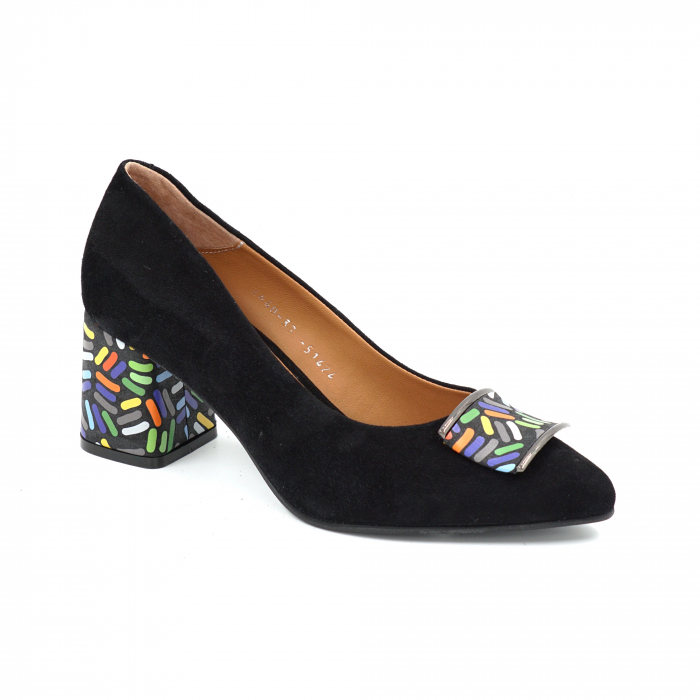 Pantofi dama din piele naturala intoarsa neagra si cu imprimeu multicolor cu varf ascutit si toc mic gros imbracat de 6 cm 51424-1-25 [3]