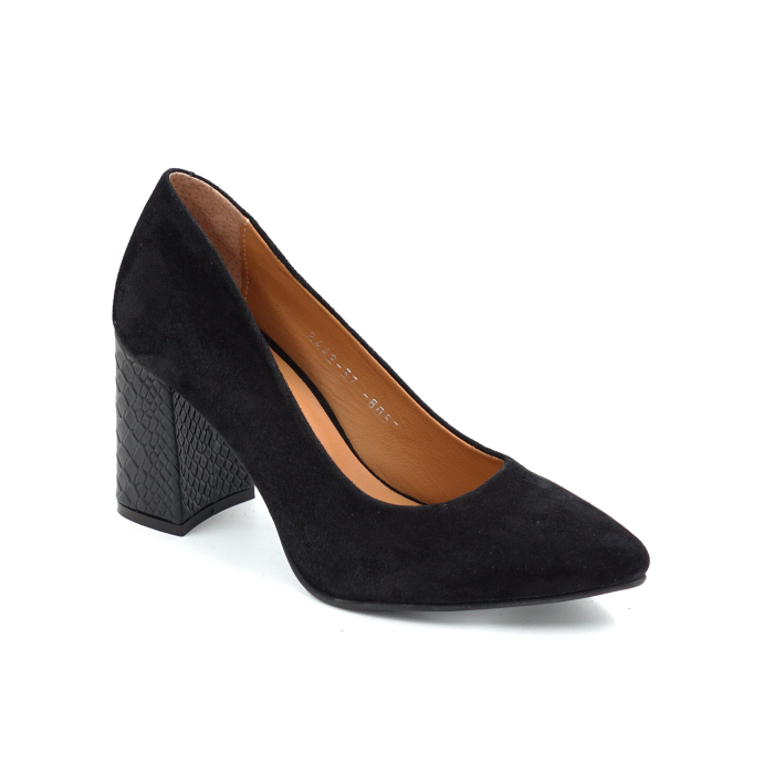 Pantofi dama din piele naturala intoarsa neagra cu varf ascutit stiletto si toc mediu gros imbracat de 8 cm 8057-7-26 [2]