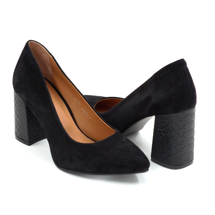 Pantofi dama din piele naturala intoarsa neagra cu varf ascutit stiletto si toc mediu gros imbracat de 8 cm 8057-7-26 [4]