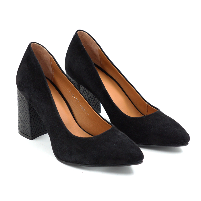 Pantofi dama din piele naturala intoarsa neagra cu varf ascutit stiletto si toc mediu gros imbracat de 8 cm 8057-7-26 [3]