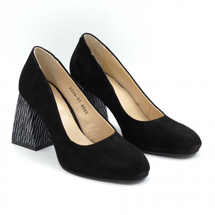 Pantofi dama din piele naturala intoarsa neagra si cu imprimeu dungi albe cu varf rotund si toc mediu gros imbracat de 8 cm 8065-25 [3]