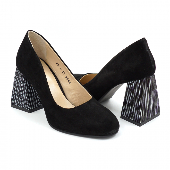Pantofi dama din piele naturala intoarsa neagra si cu imprimeu dungi albe cu varf rotund si toc mediu gros imbracat de 8 cm 8065-25 [4]