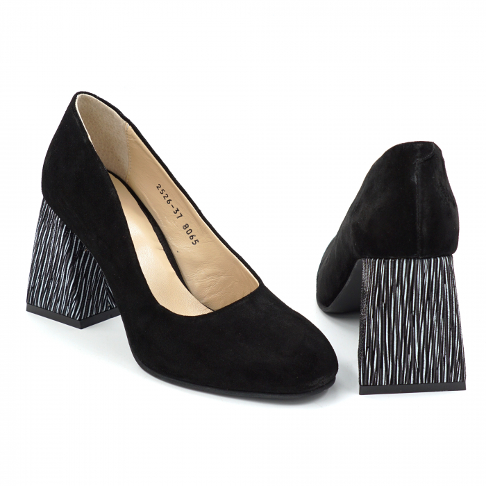 Pantofi dama din piele naturala intoarsa neagra si cu imprimeu dungi albe cu varf rotund si toc mediu gros imbracat de 8 cm 8065-25 [5]