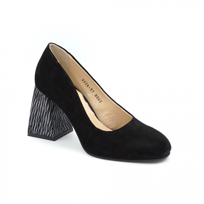 Pantofi dama din piele naturala intoarsa neagra si cu imprimeu dungi albe cu varf rotund si toc mediu gros imbracat de 8 cm 8065-25 [2]
