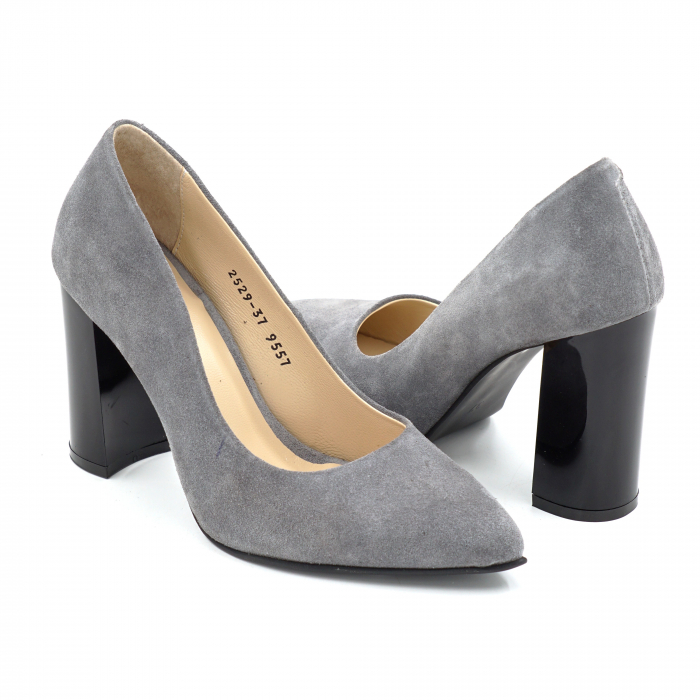 Pantofi dama din piele naturala intoarsa gri cu varf ascutit stiletto si toc inalt gros de 9 cm 9557-9-25 [4]