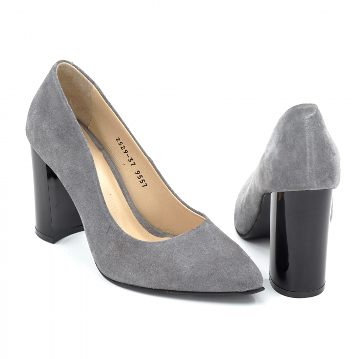 Pantofi dama din piele naturala intoarsa gri cu varf ascutit stiletto si toc inalt gros de 9 cm 9557-9-25 [5]