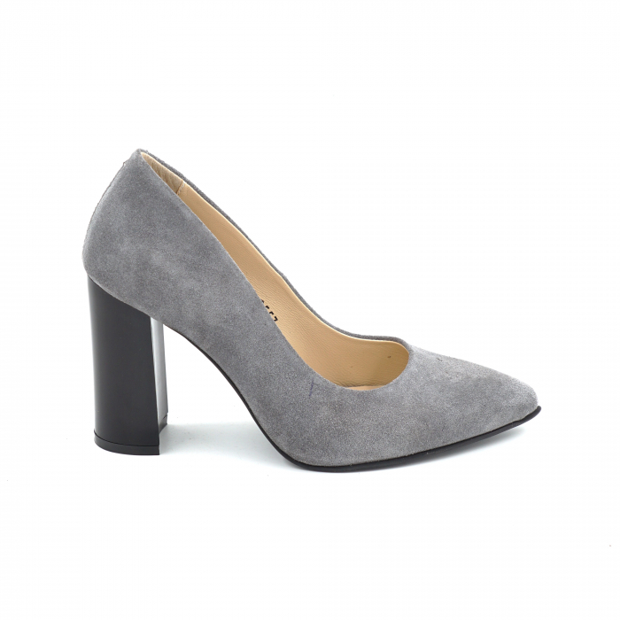 Pantofi dama din piele naturala intoarsa gri cu varf ascutit stiletto si toc inalt gros de 9 cm 9557-9-25 [1]