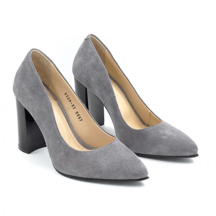 Pantofi dama din piele naturala intoarsa gri cu varf ascutit stiletto si toc inalt gros de 9 cm 9557-9-25 [3]
